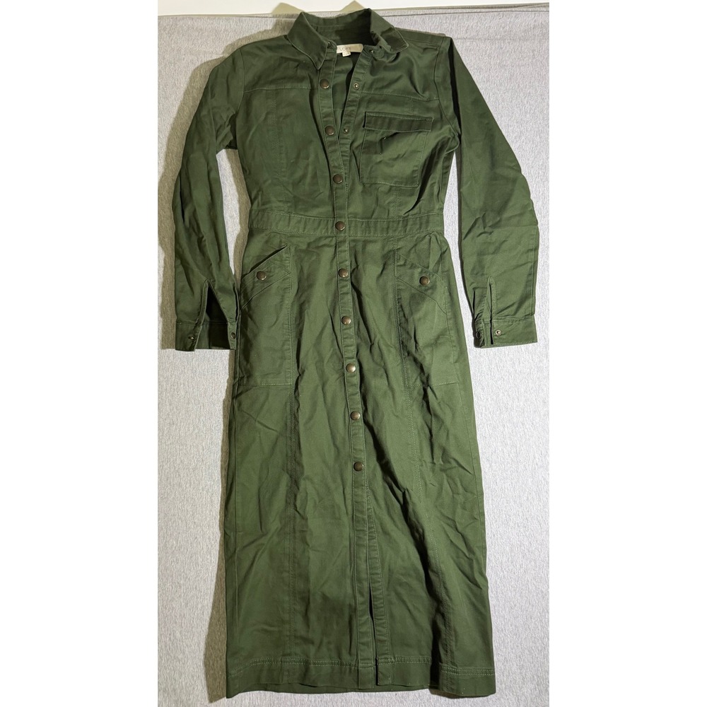 LOFT Womens Size 2 Olive Green Utility Maxi Shirt Dress Long Sleeve Snap Front